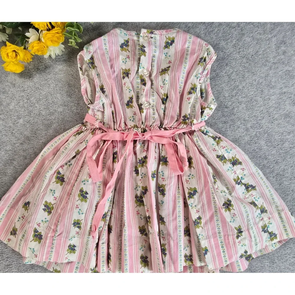 Vintage Handmade Dress Girls 2T Pink Floral Striped Tulle Lined Cotton 70s